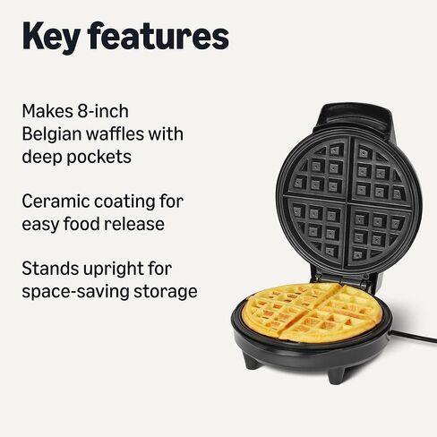 Amazon Basics Waffle Iron, Mini Belgian Waffle Maker with Round 8-Inch Ceramic Nonstick Plate, Adjustable Browning Control, Cool Touch Handle, Vertical Storage, 8 Inches, Black in Kuwait