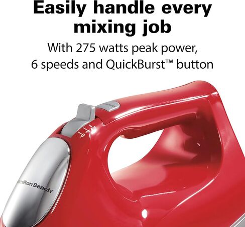 Hamilton Beach 6-Speed Electric Hand Mixer With QuickBurst and Bowl Rest | 275 Watt Motor | Traditional Beaters | Whisk | Dough Hooks | Snap-On Storage Case | Red | 62633G in Saudi Arabia