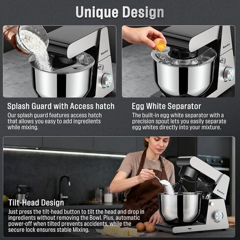 6.5QT Tilt-Head Stand Mixer, Heavy Duty Pro 10-Speed Electric Mixer, Stainless Steel Cladding & Bowl with Dough Hook, Wire Whisk and Flat Beater for Home Baking, Bread, Cake, Pizza Dough in Saudi Arabia