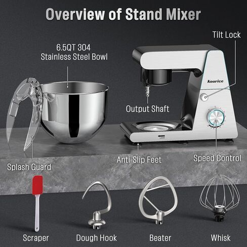 6.5QT Tilt-Head Stand Mixer, Heavy Duty Pro 10-Speed Electric Mixer, Stainless Steel Cladding & Bowl with Dough Hook, Wire Whisk and Flat Beater for Home Baking, Bread, Cake, Pizza Dough in Saudi Arabia