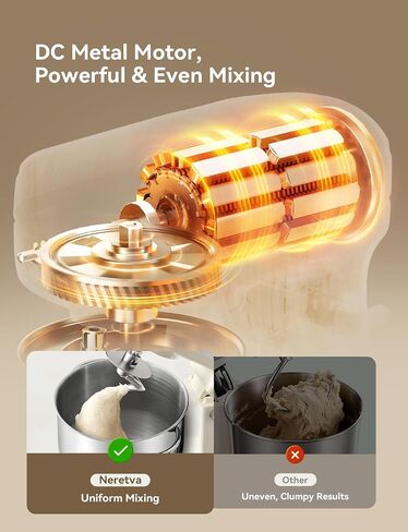 Neretva Super Stable Stand Mixer with Low Noise Operation, 6.34 QT Capacity | Powerful DC Motor Household Stand Mixer, Easy Clean, Package Including Stainless Steel Bowl/ Whisk/ Flat Beater/ Dough Hook in Saudi Arabia