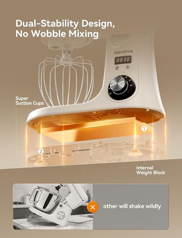 Neretva Super Stable Stand Mixer with Low Noise Operation, 6.34 QT Capacity | Powerful DC Motor Household Stand Mixer, Easy Clean, Package Including Stainless Steel Bowl/ Whisk/ Flat Beater/ Dough Hook in Saudi Arabia