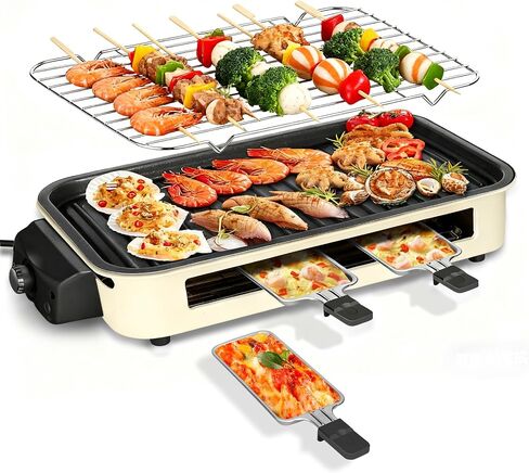 Electric Indoor Grill 1500W, YOHAWJAN 2 in 1 Smokeless Indoor Grills with Non-stick Removable Grill & Griddle Plate, Temperature Control, Portable Korean BBQ Grill with 3 Raclette Cheese Pans in Saudi Arabia
