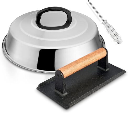 HaSteeL 12In Cheese Melting Dome & 7In Cast Iron Grill Press, Stainless Steel Basting Cover with Heavy Duty Burger Bacon Press, Griddle Accessories for Teppanyaki Flat Top Stovetop Indoor & Outdoor in Saudi Arabia