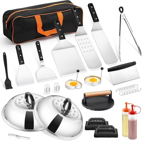 Griddle Accessories Kit, HaSteeL 20Pcs Flat Top Grill Accessories for BBQ | Professional Griddle Spatula Tools Set With Melting Dome, Wooden Handles, for Teppanyaki Outdoor, Perfect Grilling Gifts in Saudi Arabia