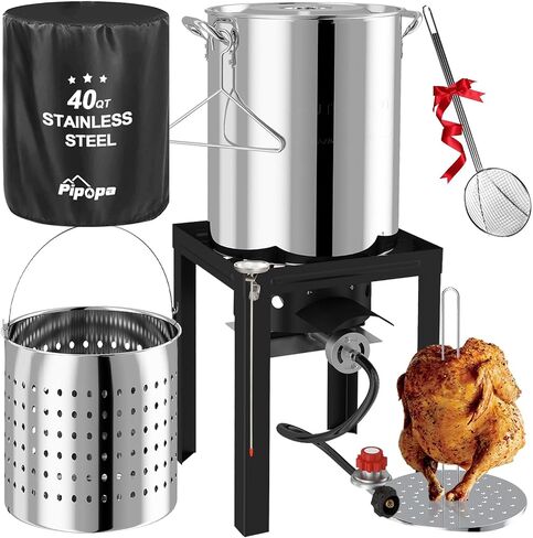 30QT Turkey & 10QT Fish Fryer Set | Stainless Steel Pot | Outdoor Fryer | Cover & Skimmer Included | 50,000 BTU Propane Burner | Seafood & Crawfish Boiler | Perfect for Holiday and Seasonal Cooking in Kuwait