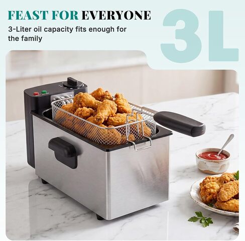 OLIXIS Deep Fryer for Home Use, Small Electric Fryer with 3 Liter Capacity, 1500W Power, 4 Adjustable Temp, Lid with Viewing Window for Fried Chicken, Shrimp, French Fries, Silver in Kuwait