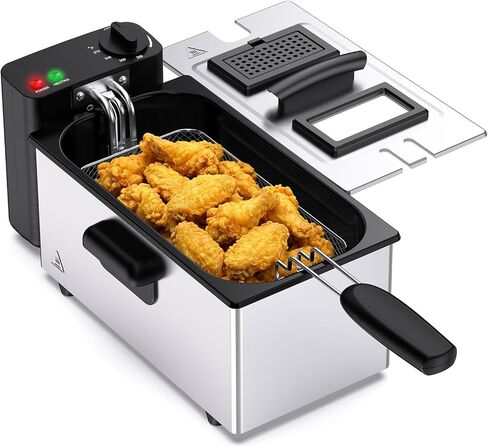 OLIXIS Deep Fryer for Home Use, Small Electric Fryer with 3 Liter Capacity, 1500W Power, 4 Adjustable Temp, Lid with Viewing Window for Fried Chicken, Shrimp, French Fries, Silver in Kuwait