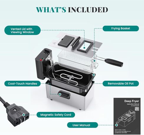 OLIXIS Deep Fryer for Home Use, Small Electric Fryer with 3 Liter Capacity, 1500W Power, 4 Adjustable Temp, Lid with Viewing Window for Fried Chicken, Shrimp, French Fries, Silver in Kuwait