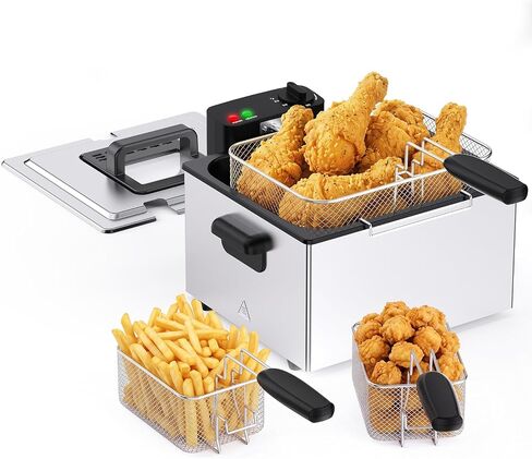 OLIXIS Deep Fryer for Home Use, Large Electric Fryer with 3 Blankets, 5 Liter Capacity, 1800W Power, 4 Adjustable Temp, Lid with Viewing Window for Fried Chicken, Shrimp, French Fries, Silver in Kuwait
