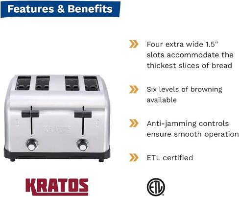 محمصة الخبز التجارية Kratos ذات 4 شرائح بفتحات واسعة مقاس 1.5 بوصة، 120 فولت، 1800 واط | محمصة خبز مصنوعة من الفولاذ المقاوم للصدأ مزودة بصينيتين فتات الخبز والخبز الخاص، معتمدة من ETL (29M-011) in Kuwait