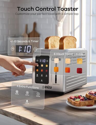 Ganiza Toaster 2 Slice with Touchscreen Smart Toasters Wide Slot, Max 925W | Full Stainless Steel, Digital Countdown Timer, Touch Screen, Defrost Reheat Cancel, +/-10s Fine-Tune, Removable Crumb Tray in Saudi Arabia