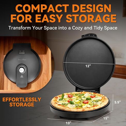 Baker’s Friend Pizza Maker Electric with Temperature Control, Indoor Quesadilla Maker, 12 Inch Electric Pizza Maker Machine for Home, Pizza Cooker, 1400W, Graphite in Saudi Arabia