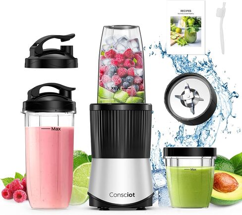 Consciot 11-Piece Blender for Kitchen and Personal Size, 900 Peak Watts | Blend Shakes & Smoothies, Frozen Drinks, Baby Food, Spreads & More, 3 Portable BPA-Free To-Go Cups, 2 Spout-Lids & 1 Flat-Lid in Saudi Arabia