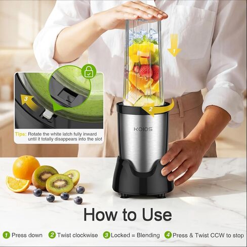 KOIOS Personal Blender for Smoothies with 3 x 22oz To-go Cups, BL319B Black | 22000 RPM Detachable Blade Countertop Blenders for Kitchen. Ideal for Baby Food, Protein Shakes, Ice Crushing & Fresh Juice in Saudi Arabia