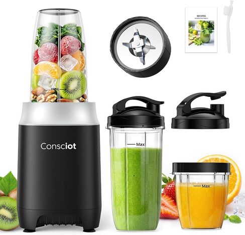 Consciot CB10 11Pcs Personal and Countertop Blender Combo, 900 Peak Watts | Make Shakes & Smoothies, Frozen Drinks, Baby Food, Spreads & More, 3 Portable BPA Free To-Go Cups, 2 Spout-Lids & 1 Flat-Lid in Saudi Arabia