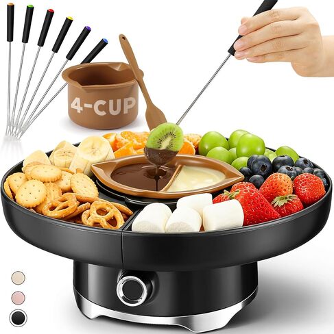 Electric Chocolate Fondue Set, 4-Cup Chocolate, Rotating Tray | Melt & Warm Modes, Dual Silicone Inserts, 6 Color-Coded Forks, Easy-Clean, Ideal for Candy Melts, Couple Family & Date Night in Saudi Arabia
