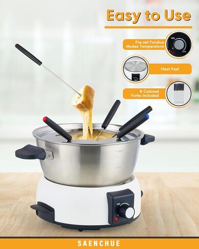 Electric Fondue Pot Set for Cheese & Chocolate - 6-Cup Stainless Steel Fondue Pot with 8 Coded Forks - 3 Mode Fondue Set Adjustable Temperature Control for Cheese, Oil and Hotpot, FD-10 in Saudi Arabia