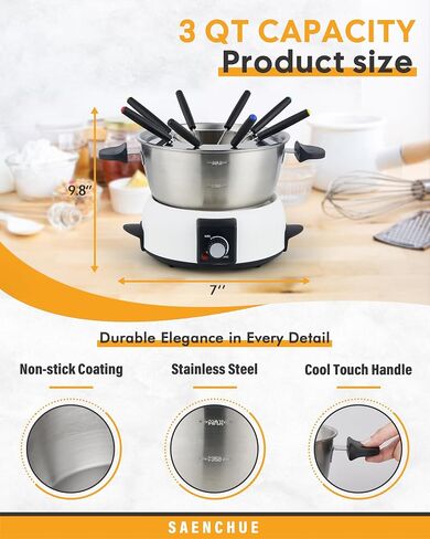 Electric Fondue Pot Set for Cheese & Chocolate - 6-Cup Stainless Steel Fondue Pot with 8 Coded Forks - 3 Mode Fondue Set Adjustable Temperature Control for Cheese, Oil and Hotpot, FD-10 in Saudi Arabia