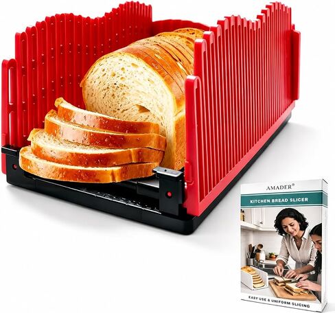 Bread Slicer Adjustable Foldable Cutter BPA Free Red Black | Adjustable Thickness Slicing Guide ◦ Foldable Portable Design ◦ Suitable for Sourdough, Bagel, and Cake in Saudi Arabia