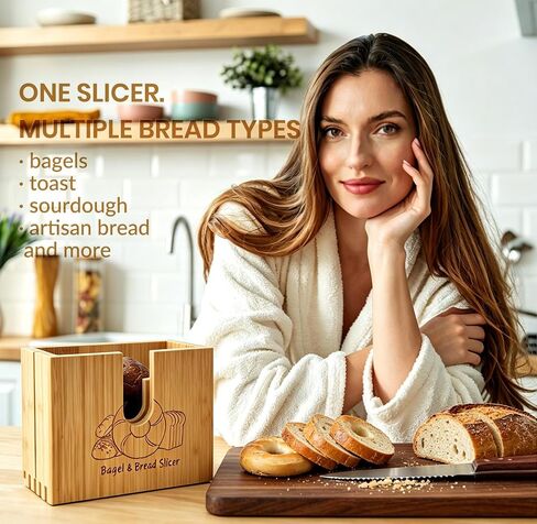 Bagel Slicer Holder, Adjustable Bagel Slicers Cutter with 7 Width Settings | Large Bagel Slicer for Large and Small Bagels, Safe Bagel Cutter Slicer Easy-Clean, Bamboo Bagel Cutter with Non-Slip Base in Saudi Arabia