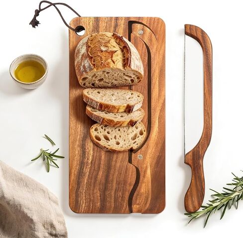 Bread Knife and Board Set with Crumb Tray, 8 Inch Manual Slicer for Sourdough Bagels Baguettes, Ambidextrous Serrated Blade & Reversible Acacia Wood Cutting Board in Saudi Arabia