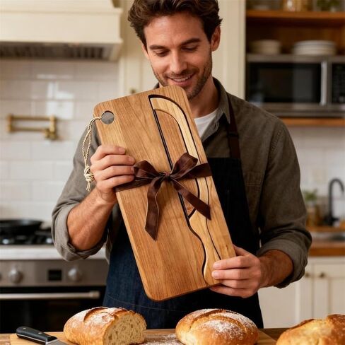 Bread Knife and Board Set with Crumb Tray, 8 Inch Manual Slicer for Sourdough Bagels Baguettes, Ambidextrous Serrated Blade & Reversible Acacia Wood Cutting Board in Saudi Arabia