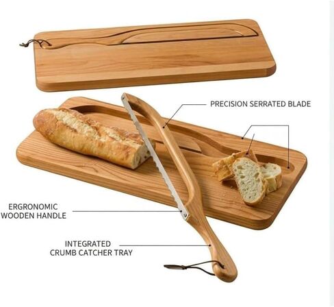 Bread Knife and Board Set with Crumb Tray, 8 Inch Manual Slicer for Sourdough Bagels Baguettes, Ambidextrous Serrated Blade & Reversible Acacia Wood Cutting Board in Saudi Arabia