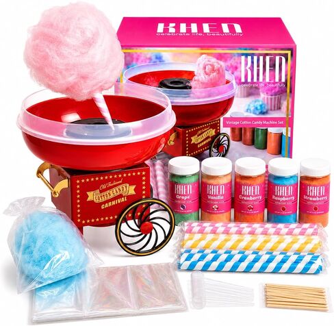 Cotton Candy Maker Kit With 5 Sugars 30 Cones 30 Bags Retro Spinner Machine | Carnival Floss Dessert Appliance Includes Five Flavors Scoops Colorful Party Supplies Birthdays Nostalgia Treat Station in Saudi Arabia