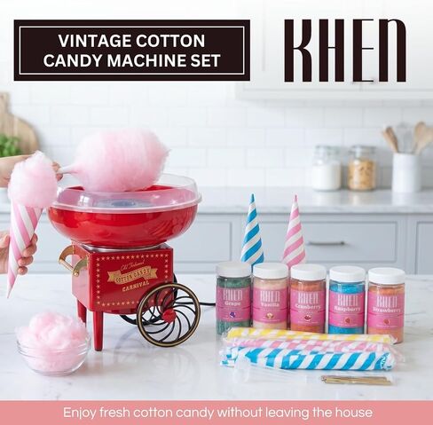 Cotton Candy Maker Kit With 5 Sugars 30 Cones 30 Bags Retro Spinner Machine | Carnival Floss Dessert Appliance Includes Five Flavors Scoops Colorful Party Supplies Birthdays Nostalgia Treat Station in Saudi Arabia