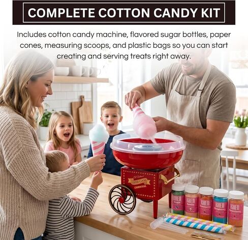 Cotton Candy Maker Kit With 5 Sugars 30 Cones 30 Bags Retro Spinner Machine | Carnival Floss Dessert Appliance Includes Five Flavors Scoops Colorful Party Supplies Birthdays Nostalgia Treat Station in Saudi Arabia