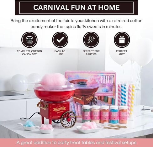 Cotton Candy Maker Kit With 5 Sugars 30 Cones 30 Bags Retro Spinner Machine | Carnival Floss Dessert Appliance Includes Five Flavors Scoops Colorful Party Supplies Birthdays Nostalgia Treat Station in Saudi Arabia