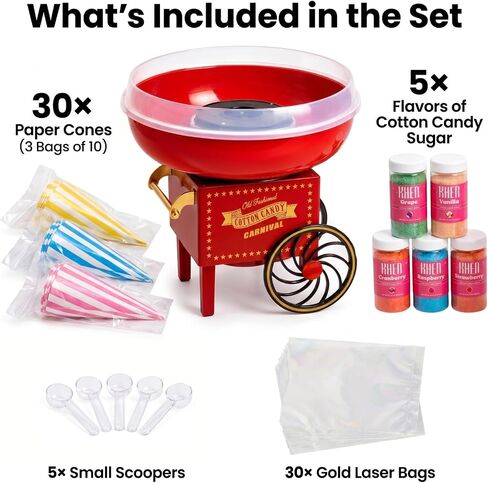 Cotton Candy Maker Kit With 5 Sugars 30 Cones 30 Bags Retro Spinner Machine | Carnival Floss Dessert Appliance Includes Five Flavors Scoops Colorful Party Supplies Birthdays Nostalgia Treat Station in Saudi Arabia