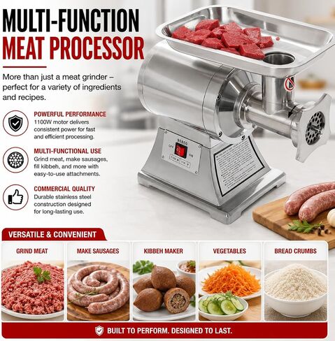 Barton Commercial #12 Electric Meat Grinder, 1100W Stainless Steel Meat Mincer & Sausage Stuffer with Stainless Steel Cutting Blade for Beef, Pork, Venison, Chicken & Home or Commercial Use in Saudi Arabia