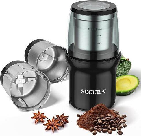 Secura Electric Coffee Grinder and Spice Grinder with 2 Stainless Steel Blades Removable Bowl | 2 Stainless Steel Blades Removable Bowls, For Spice, Coffee Bean, Dry and Wet Ingredients Grinding in Saudi Arabia