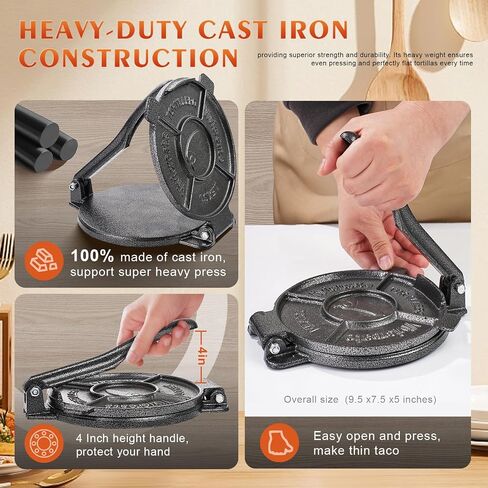 Vivicreate Tortilla Press 7.5 Inch Cast Iron Tortilla Maker Heavy Duty Tortilla Press Maker for Corn Tortillas Street Tacos Roti Chapati Dumpling Wrappers Empanadas Black in Saudi Arabia
