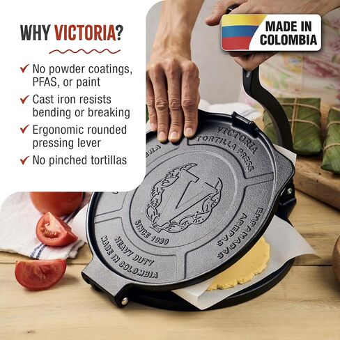 Victoria 10-Inch Cast Iron Tortilla Press HD Spherrous Iron | Commercial-Grade, Roti Press, Pataconera, Seasoned with Flaxseed Oil, Made in Colombia in Saudi Arabia