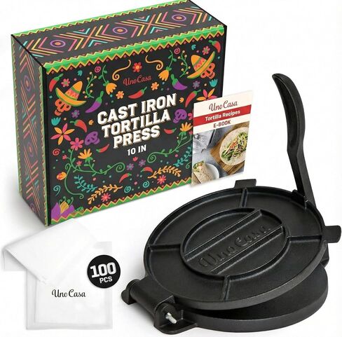 ماكينة ضغط تورتيلا من حديد الزهر مقاس 8 بوصة من أونو كاسا - ماكينة صنع التورتيلا، ماكينة صنع الروتي المتبلة مسبقًا مع 100 قطعة من ورق البرشمان - ماكينة صنع الكساديلا شديدة التحمل للخبز المسطح المنزلي، الروتيس، إمباناداس in Kuwait