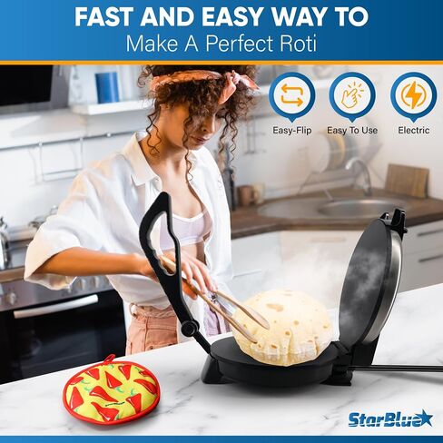 10inch Roti Maker by StarBlue with FREE Roti Warmer and Removable Handle - The automatic Stainless Steel Non-Stick Electric machine to make Indian style Chapati, Tortilla, Roti AC 110V 50/60Hz 1200W in Saudi Arabia