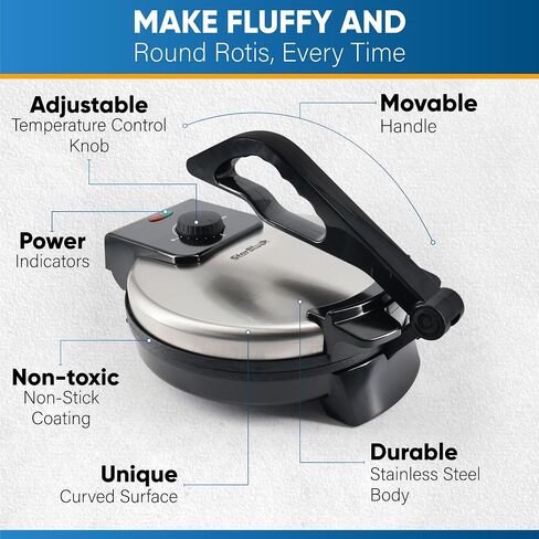 10inch Roti Maker by StarBlue with FREE Roti Warmer and Removable Handle - The automatic Stainless Steel Non-Stick Electric machine to make Indian style Chapati, Tortilla, Roti AC 110V 50/60Hz 1200W in Saudi Arabia