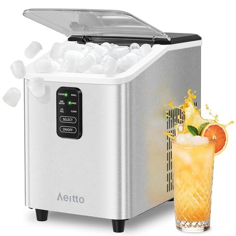 Aeitto Ice Maker Countertop 26lbs/24H Ice Makers Ready in 6-Min 8 Ice Cubes | 2 Sizes of Bullet Ice Portable Ice Machine with Basket/Scoop, Auto-Cleaning Energy-Saving for Home/Kitchen/Office Stainless in Saudi Arabia