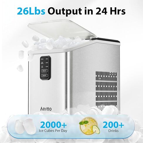 Aeitto Ice Maker Countertop 26lbs/24H Ice Makers Ready in 6-Min 8 Ice Cubes | 2 Sizes of Bullet Ice Portable Ice Machine with Basket/Scoop, Auto-Cleaning Energy-Saving for Home/Kitchen/Office Stainless in Saudi Arabia