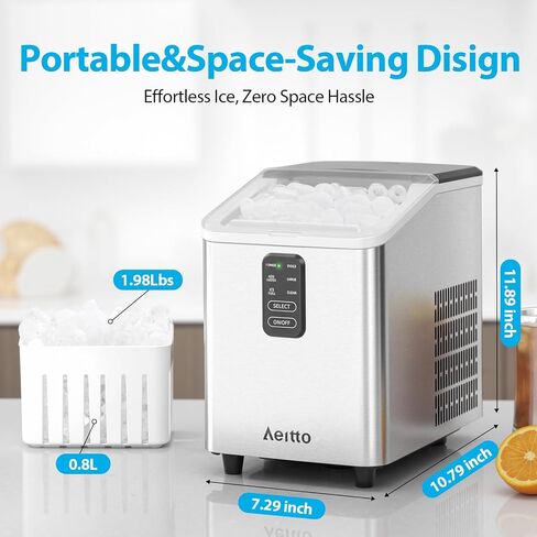Aeitto Ice Maker Countertop 26lbs/24H Ice Makers Ready in 6-Min 8 Ice Cubes | 2 Sizes of Bullet Ice Portable Ice Machine with Basket/Scoop, Auto-Cleaning Energy-Saving for Home/Kitchen/Office Stainless in Saudi Arabia