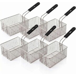 6-Pack | Commercial Fryer Basket 12 7/8" x 6 1/2" x 5 3/8" with Front Hook, Nickel-Plated Steel Mesh Fry Basket with Black PVC Cool-Touch Handle for Cafes, Food Trucks, Kitchens, Restaurants in Kuwait
