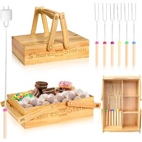 4 in 1 Smores Station with Handles 6 Pcs 32'' Marshmallow Roasting Sticks Wooden Smores Caddy Organizer Smores Tray with Lid Smore Skewers Extendable Smores Box Storage for Fire Pits Camping BBQ in Saudi Arabia