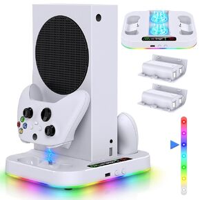 Cooling Fan Stand Dual Charger Station Accessories for Xbox Series S, White | Cooling fan with 2X1400mAH Rechargeable Battery Pack,Charge Dock for Xbox S with 15 RGB Light Modes,USB2.0 Port for Sync in Saudi Arabia