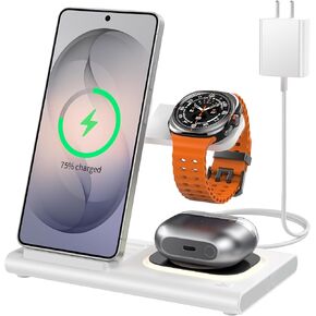 شاحن لاسلكي لمحطة شحن سامسونج، قابل للطي وإضاءة ليلية | محطة شحن 3 في 1 لهاتف Samsung S26-S10/Note/Z Fold Flip8، شاحن سفر لساعة Galaxy Watch 8-1/Buds، وليس للساعة 9/Ultra2 in Kuwait
