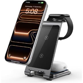 Intoval Aluminum 3 in 1 Wireless Charging Station for iPhone 17 16 15 14 13 12 11 Pro Max XR, Wireless Charger for Apple Watch 11 10 9 8 7 Ultra SE 3 2, Phone Charger for AirPods 4 Pro 2 3 (Grey) in Saudi Arabia
