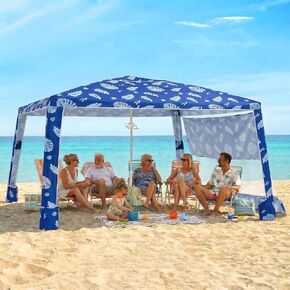 Zeraty Beach Cabana 8'×8', Portable Beach Canopy with Side Wall, UPF 50+ Silver-Coated Beach Tent Sun Shelter Easy Pop Up, Wind Resistant Adjustable Height Beach Umbrella Tent for Family, Navy Blue in Kuwait