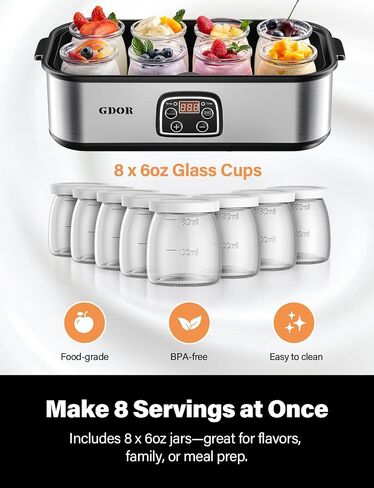 Yogurt Maker Machine with Adjustable Temp & Time, 48H Timer Digital, 8×6oz BPA-Free Glass Jars for Homemade Probiotic Yogurt, Auto Shut-Off, Stainless Steel Body in Saudi Arabia